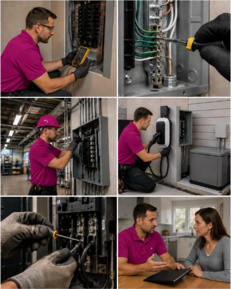 Licensed electrician working at an open service panel